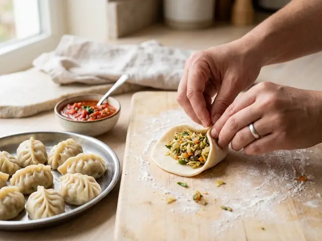 Hands pleating a fresh vegetable momo on a floured board