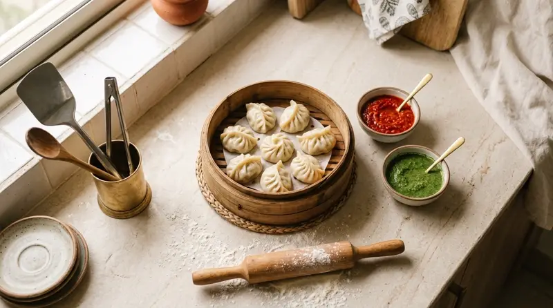 A small kitchen counter with a steamer of momos, red and green chutney and a rolling pin